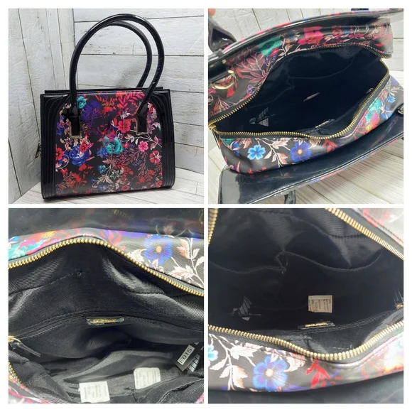 Bebe Black Multi-Floral Print Med/Lrg 2Handle Zip Pockets Square Satchel Handbag - Picture 4 of 8